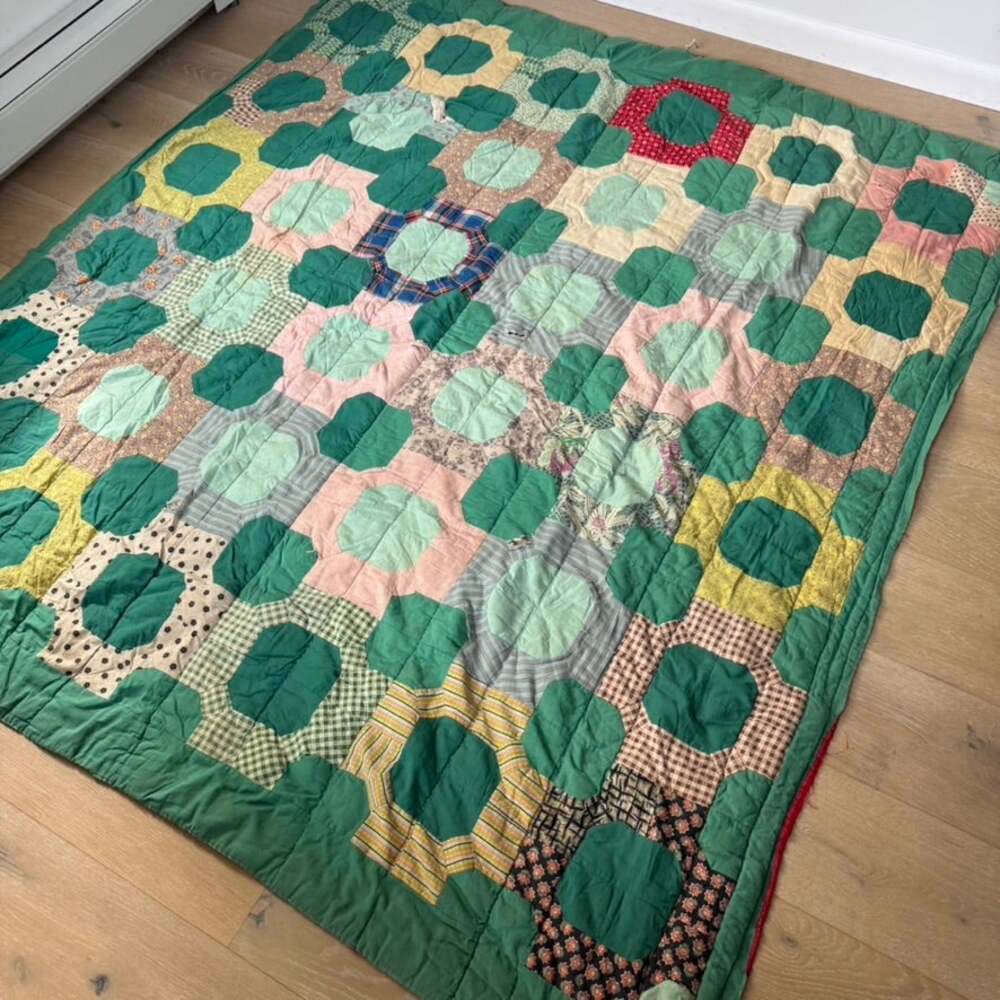 Vintage Cottagecore Hand-Stitched Patchwork Quilt Grandmacore Green & Pastels